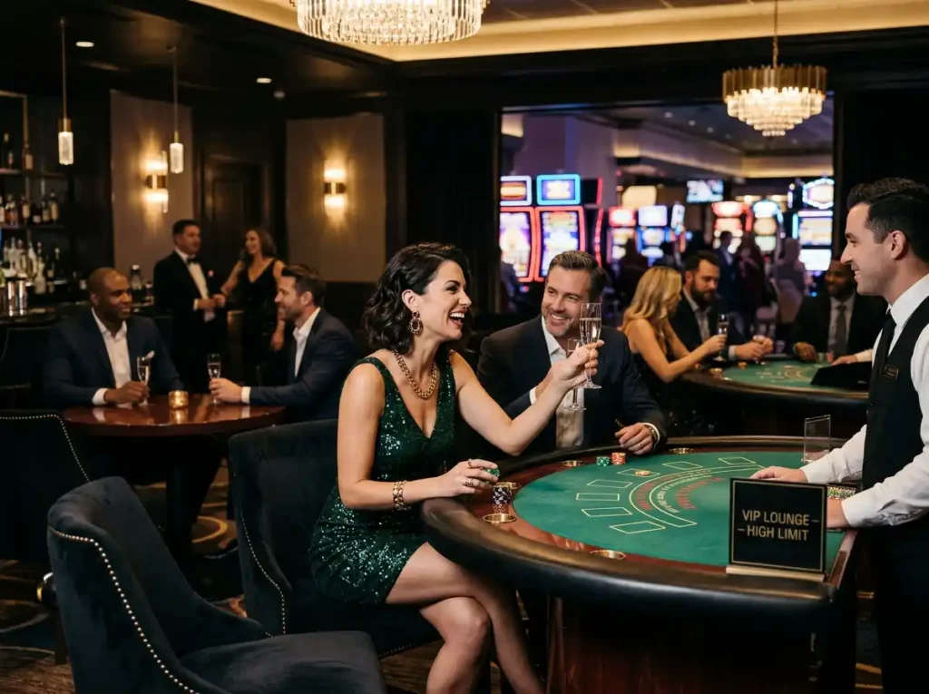 Glamorous female player enjoying a VIP night inside a real casino, engaging with the dragon slot machine in an online casino-style gaming experience.