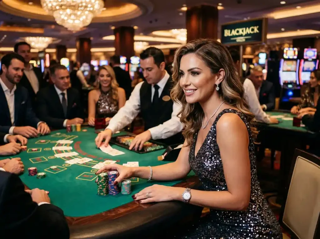 dragon slot machine gameplay in a real casino setting with a glamorous female player holding casino chips at the table, capturing the thrill of online casino gaming experience
