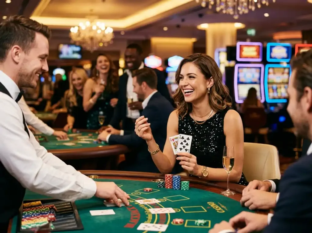 Stylish woman enjoying a lively night inside a real casino, playing the dragon slot machine surrounded by glowing lights and slot machines.