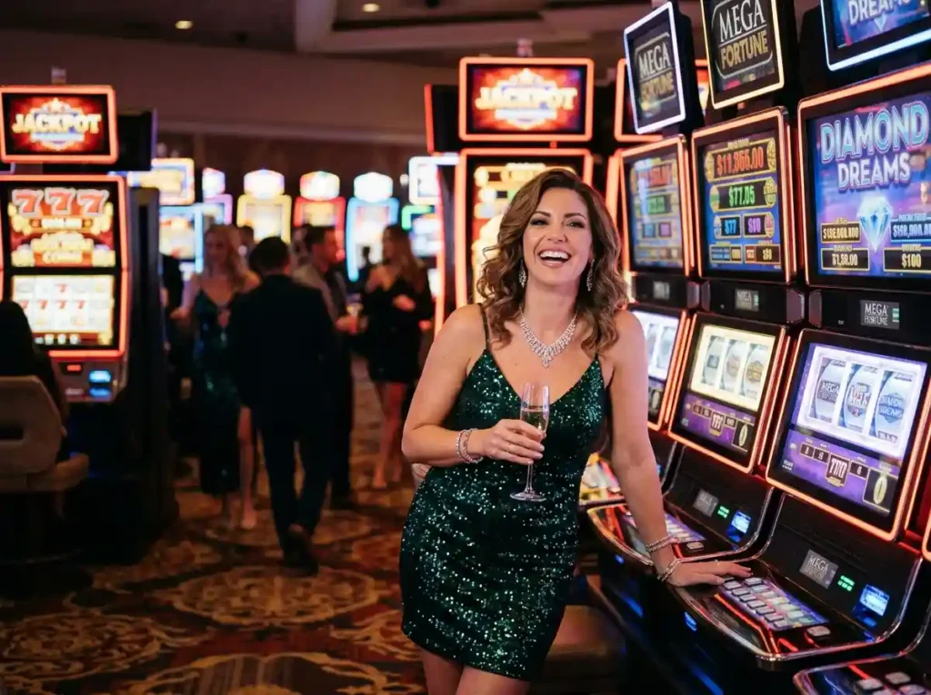 Glamorous female player enjoying a real casino experience in front of slot machines, inspired by the excitement of the fortune tree slot machine online casino game