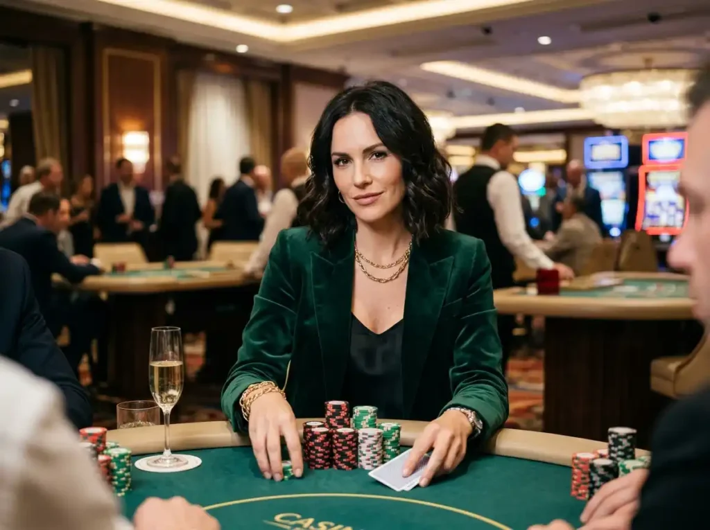 Stylish casino player facing the camera with poker chips inside a luxury casino, inspired by the excitement of fortune tree slot machine online casino gaming
