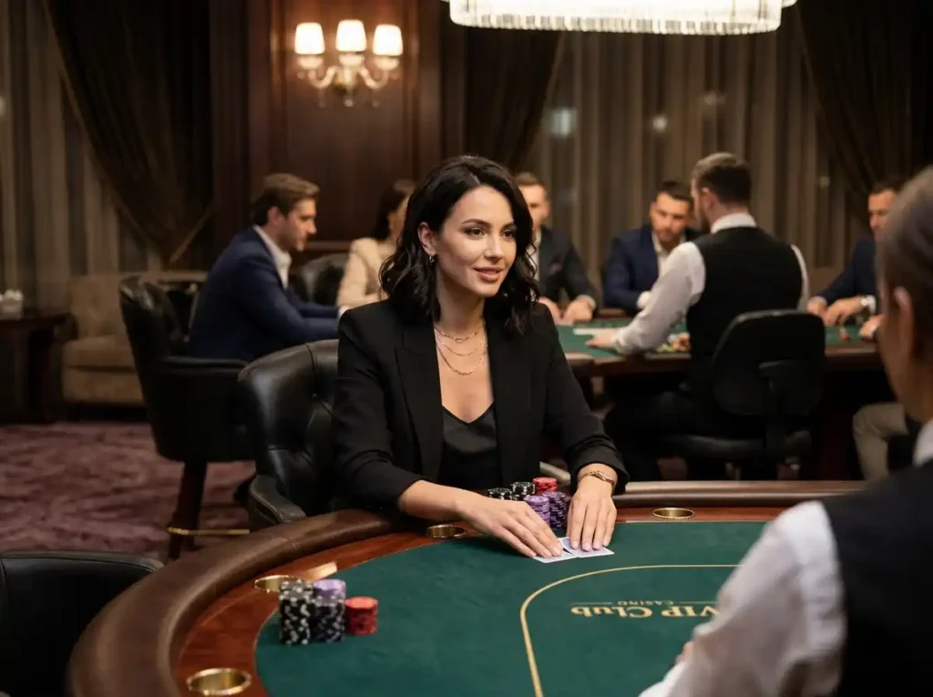 Stylish woman playing at a VIP poker table inside a luxury casino, inspired by the excitement of fortune tree slot machine online casino games