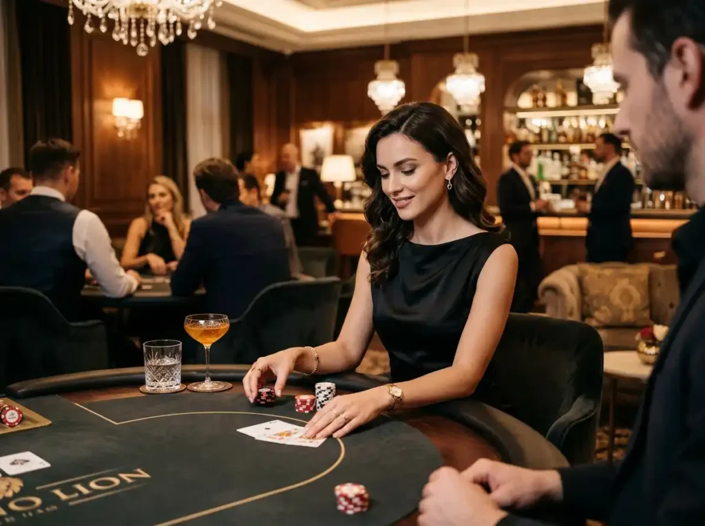Stylish woman playing in a real casino lounge with glowing slot machines, inspired by the excitement of the fortune tree slot machine experience in online casino gaming