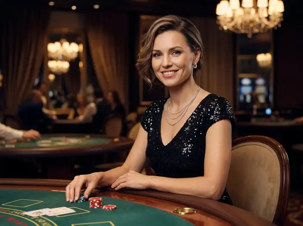 Elegant woman smiling and facing the camera while playing inside a luxury casino, inspired by the excitement of a gamezone casino guide for online casino enthusiasts