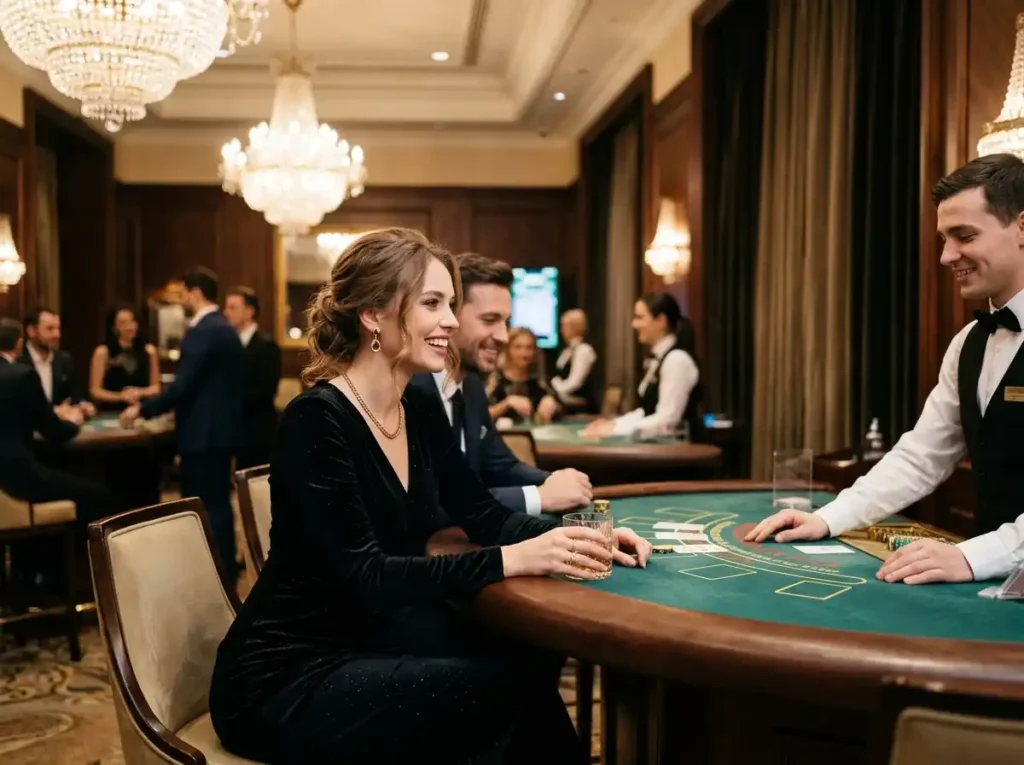 Elegant female player enjoying a luxury casino experience inside a real casino, inspired by the excitement featured in a gamezone casino guide for online casino players