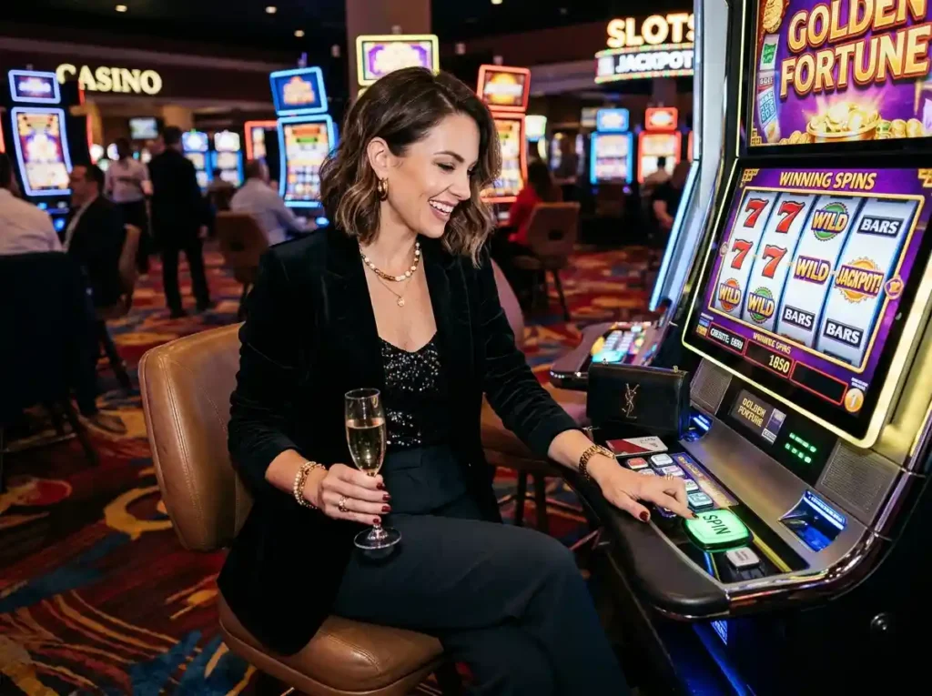 Fashionable woman playing a slot machine inside a luxury casino, inspired by the excitement and entertainment featured in the GameZone Casino Guide for online casino players