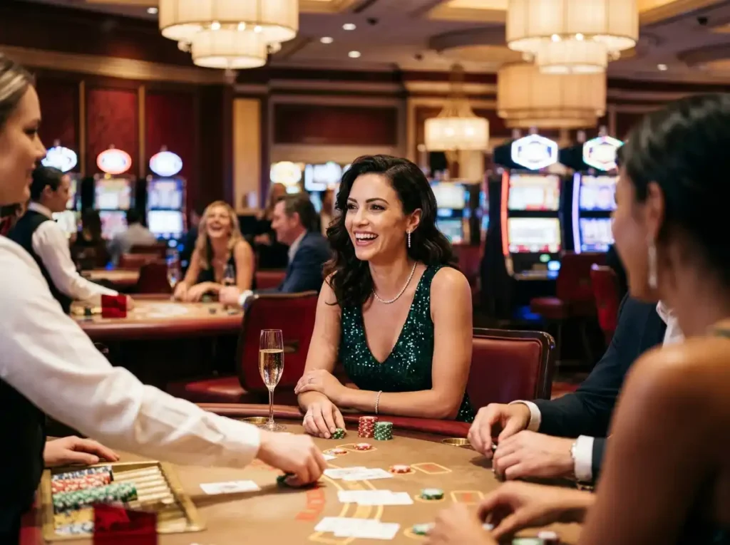 Stylish female guest enjoying a real casino atmosphere while exploring tips from a gamezone casino guide for online casino players