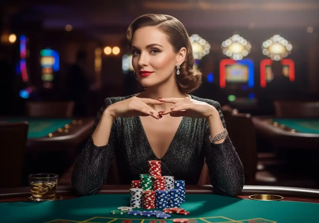 Elegant woman playing inside a real casino with poker chips, representing the excitement of go jackpot slot login in an online casino gaming experience.