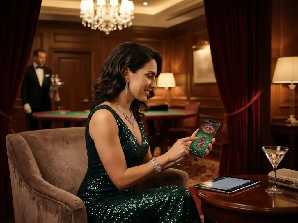 Glamorous player enjoying a VIP room inside a real casino while accessing the go jackpot slot login on an online casino app, blending live casino atmosphere with digital gaming convenience.