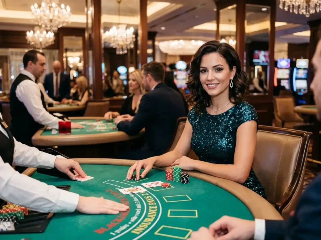 Glamorous woman in a real casino sitting at a blackjack table, enjoying the lively gaming atmosphere while exploring go jackpot slot login for an online casino experience.