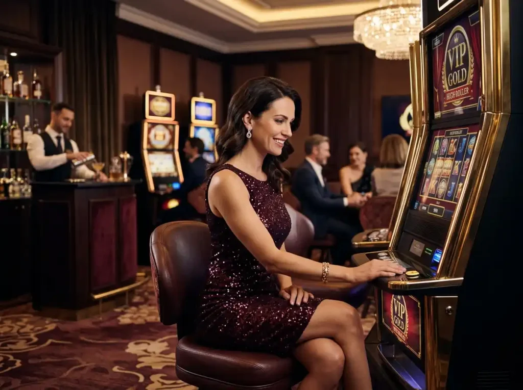 Glamorous woman playing slot machines inside a real casino VIP area, showcasing the go jackpot slot login experience within a premium online casino environment.