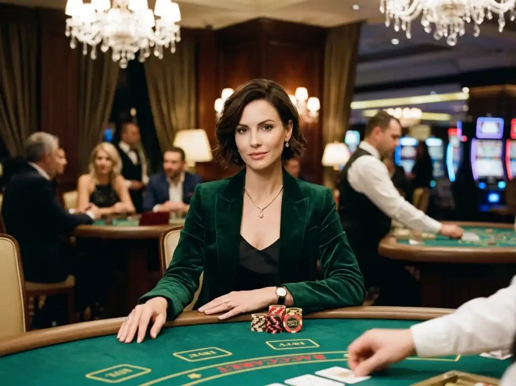 Elegant female player facing front while enjoying a table game inside a luxurious casino, inspired by the exciting atmosphere of golden dragon casino online gaming