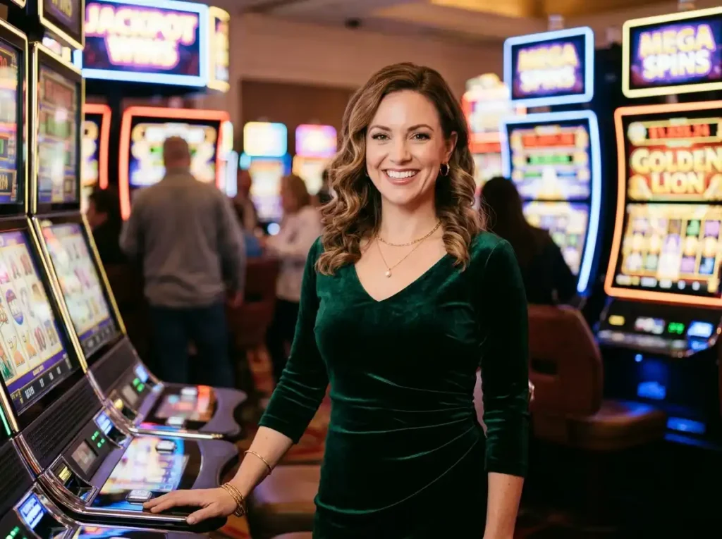 Elegant female guest smiling beside glowing slot machines inside a luxury casino, inspired by the excitement of golden dragon casino online gaming