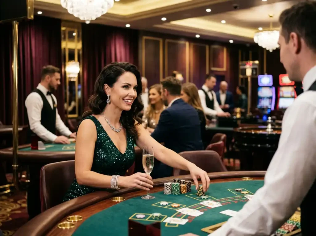 Glamorous woman enjoying a VIP night inside a luxury casino, surrounded by elegant gaming tables and lights, inspired by the excitement of golden dragon casino online gaming