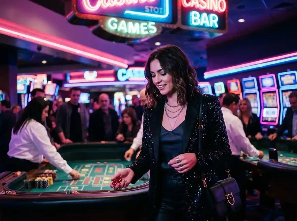 Stylish female gambler enjoying a glamorous night inside a real casino with neon lights and slot machines, reflecting the exciting atmosphere associated with golden dragon casino online gaming