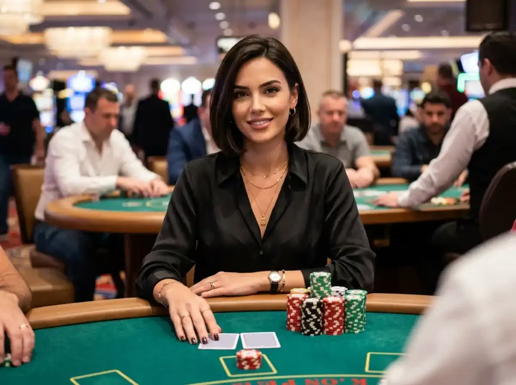 Chic female player holding casino chips and cards at a real gaming table, capturing the excitement linked to hot 646 casino login and modern online casino entertainment