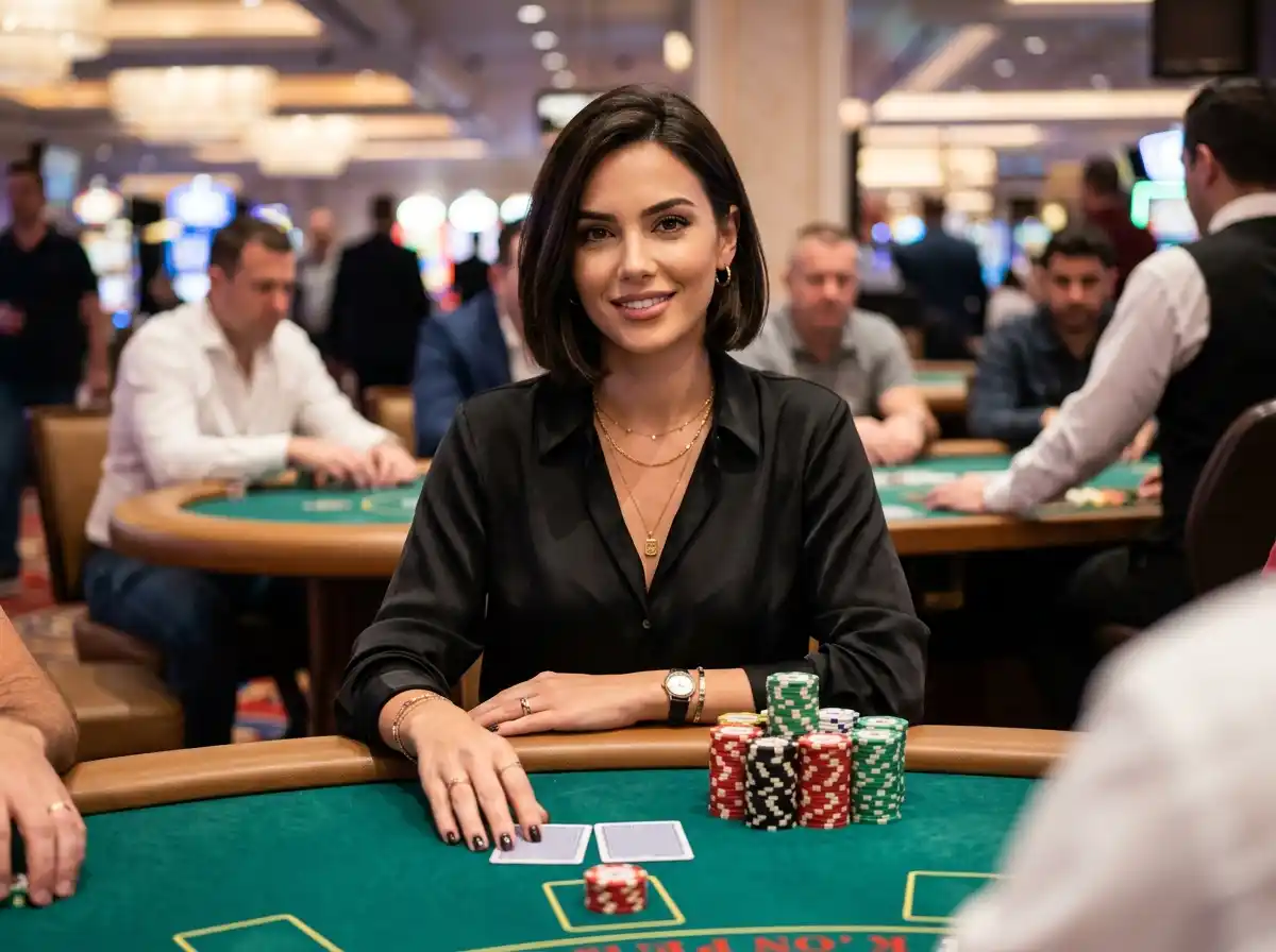 Chic female player holding casino chips and cards at a real gaming table, capturing the excitement linked to hot 646 casino login and modern online casino entertainment