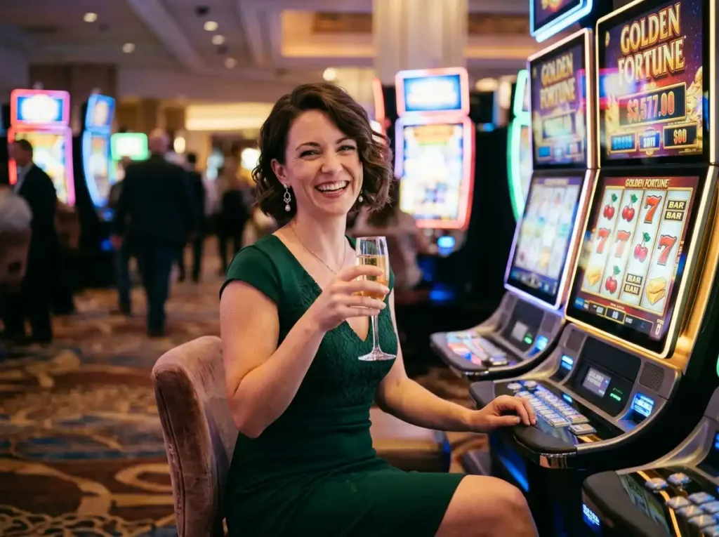 Elegant woman smiling beside glowing slot machines in a real casino atmosphere, inspired by the excitement of hot 646 casino login online gaming