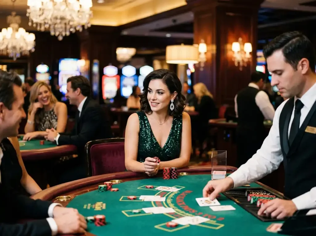 Glamorous woman playing blackjack inside a luxury casino, capturing the excitement linked to hot 646 casino login and online casino gaming experiences
