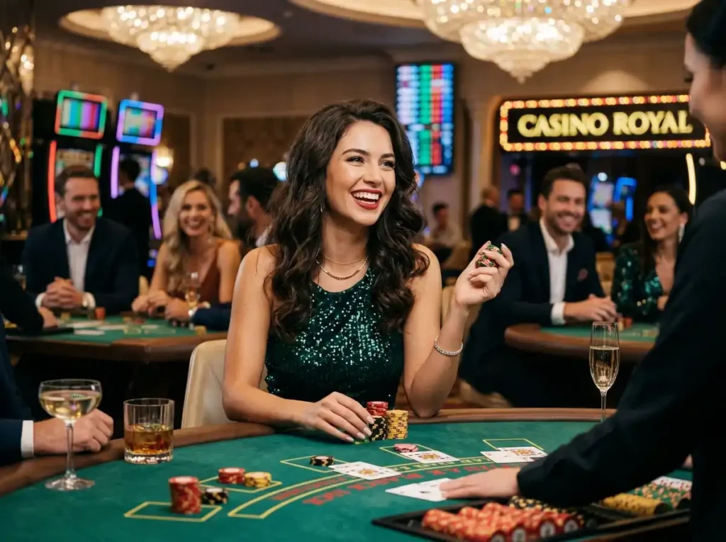Glamorous woman enjoying a luxury casino floor with bright slot machines and elegant lighting, reflecting the exciting atmosphere connected to hot 646 casino login experiences online