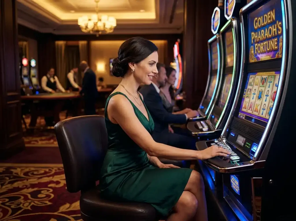 Elegant female guest inside a real casino enjoying a slot machine at a jiliace casino-themed gaming experience.