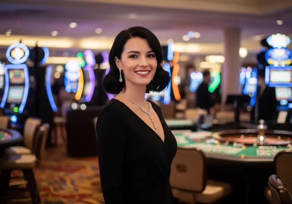 Elegant female guest smiling on a real casino floor, enjoying the lively gaming atmosphere of jiliace casino online casino experience