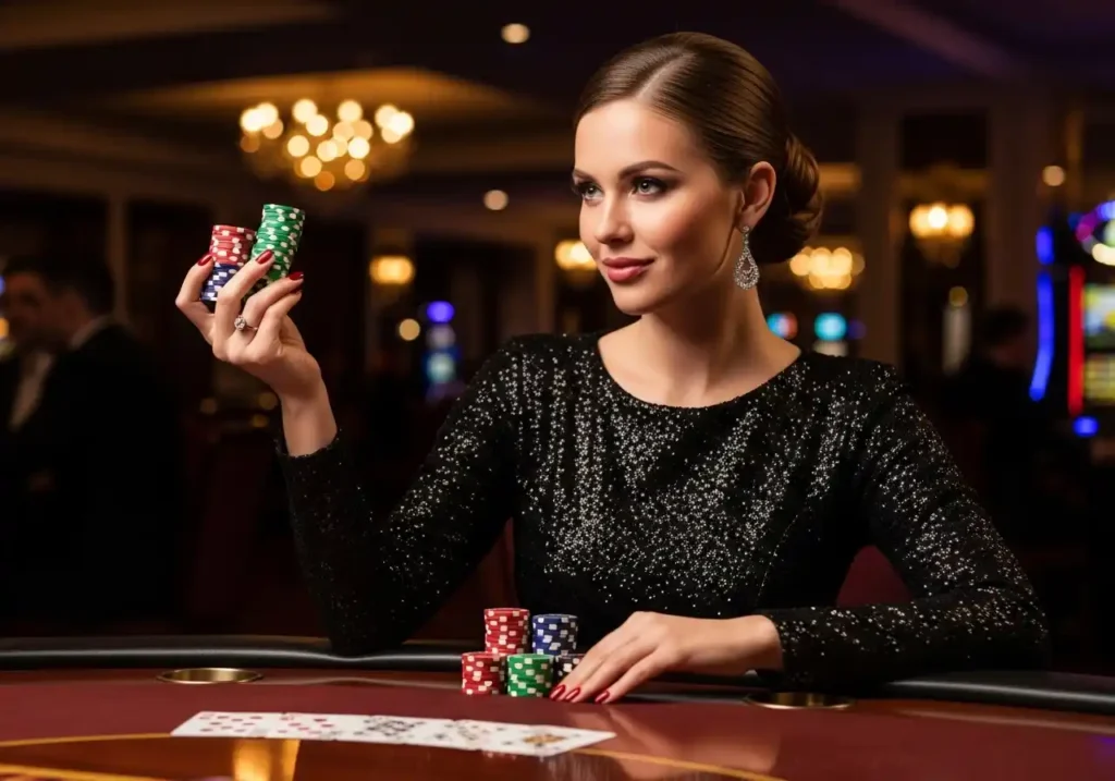 Glamorous woman sitting at a casino table holding chips while enjoying the atmosphere of a real casino, representing the excitement of jiliace casino online gaming experience.