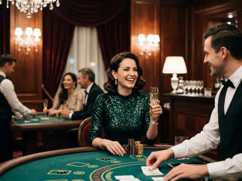 jiliace casino VIP night at a luxury casino, stylish woman enjoying roulette table games, representing the immersive online casino experience