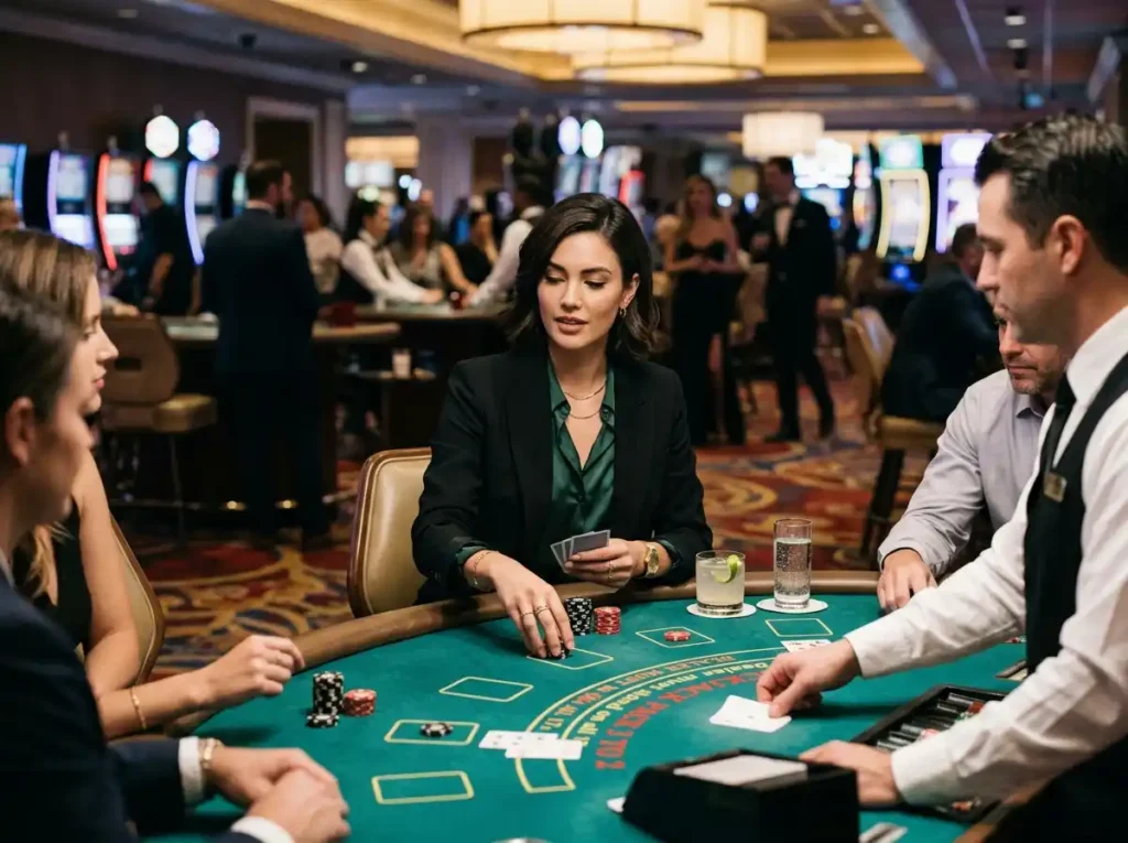 Stylish female gambler enjoying a table game inside a luxury casino, reflecting the excitement and entertainment experience associated with JL29 online casino.