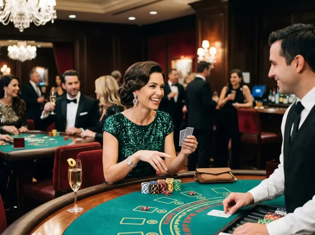 JL29 online casino inspired VIP casino night experience with a glamorous woman enjoying luxury gaming entertainment inside an elegant casino venue.