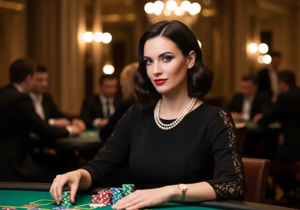 Stylish casino player facing the camera while holding gaming chips inside a luxury casino, showcasing the exciting atmosphere associated with JL29 online casino gaming.