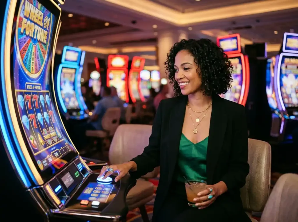 JL29 online casino inspiration featuring a stylish female player enjoying a modern slot machine inside a luxurious casino gaming floor