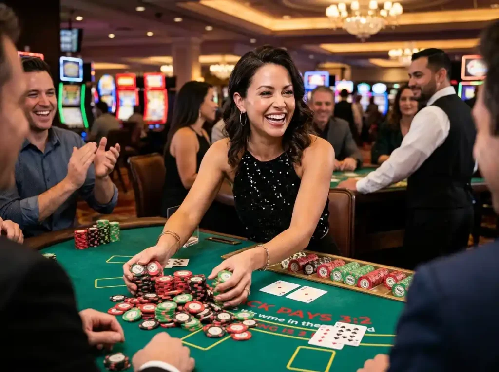 Confident female player at a real casino table holding chips while enjoying the atmosphere of Jollyph casino during a live gaming session.