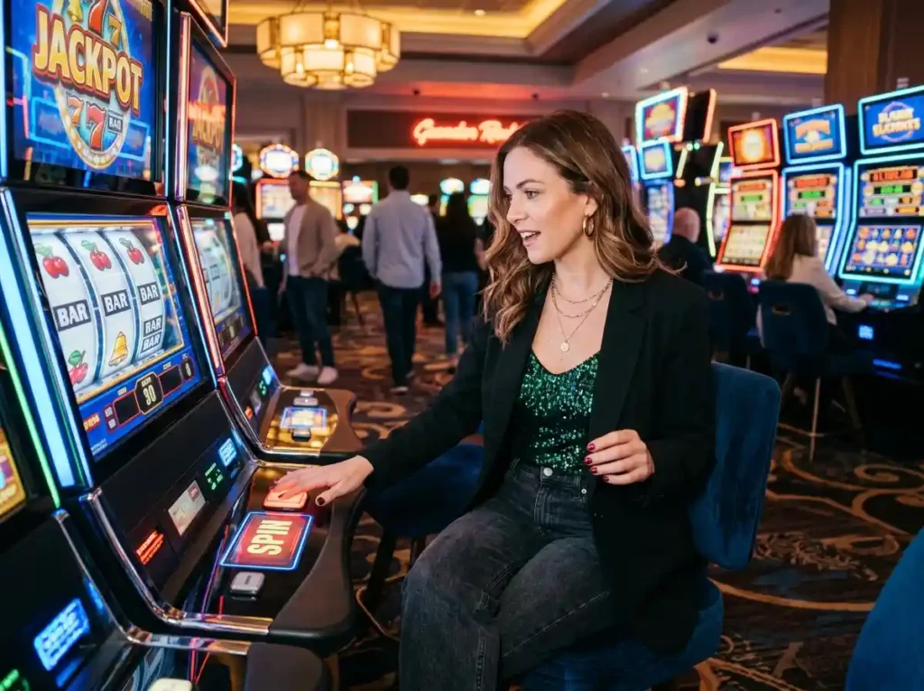 Stylish woman playing a slot machine inside a real casino, showcasing the immersive gaming experience of Jollyph Casino online casino entertainment.
