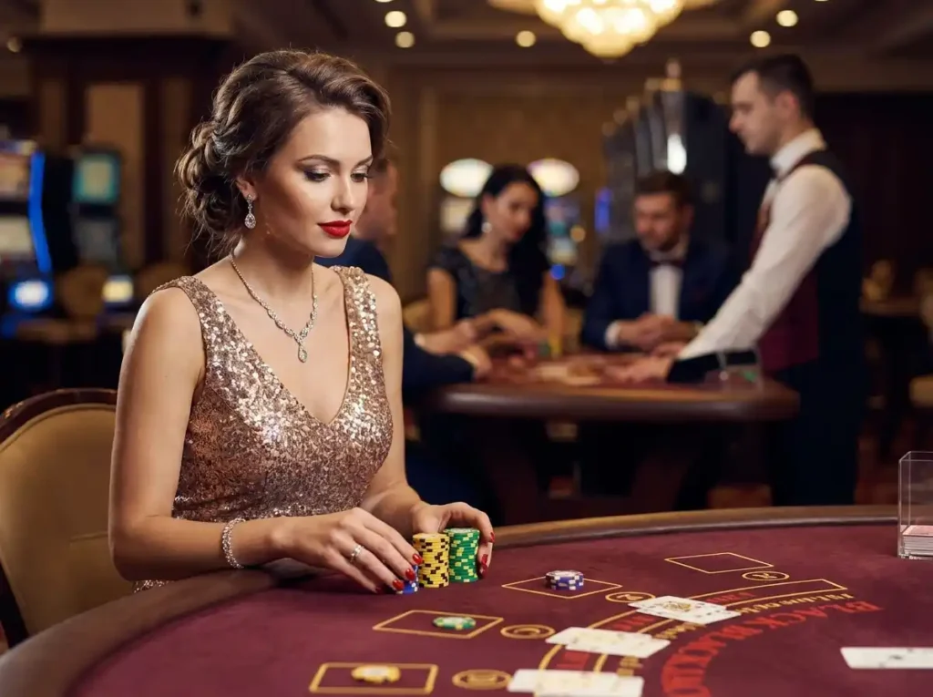 Glamorous female guest inside a real casino holding casino chips at the table while engaging with Jollyph Casino online casino platform
