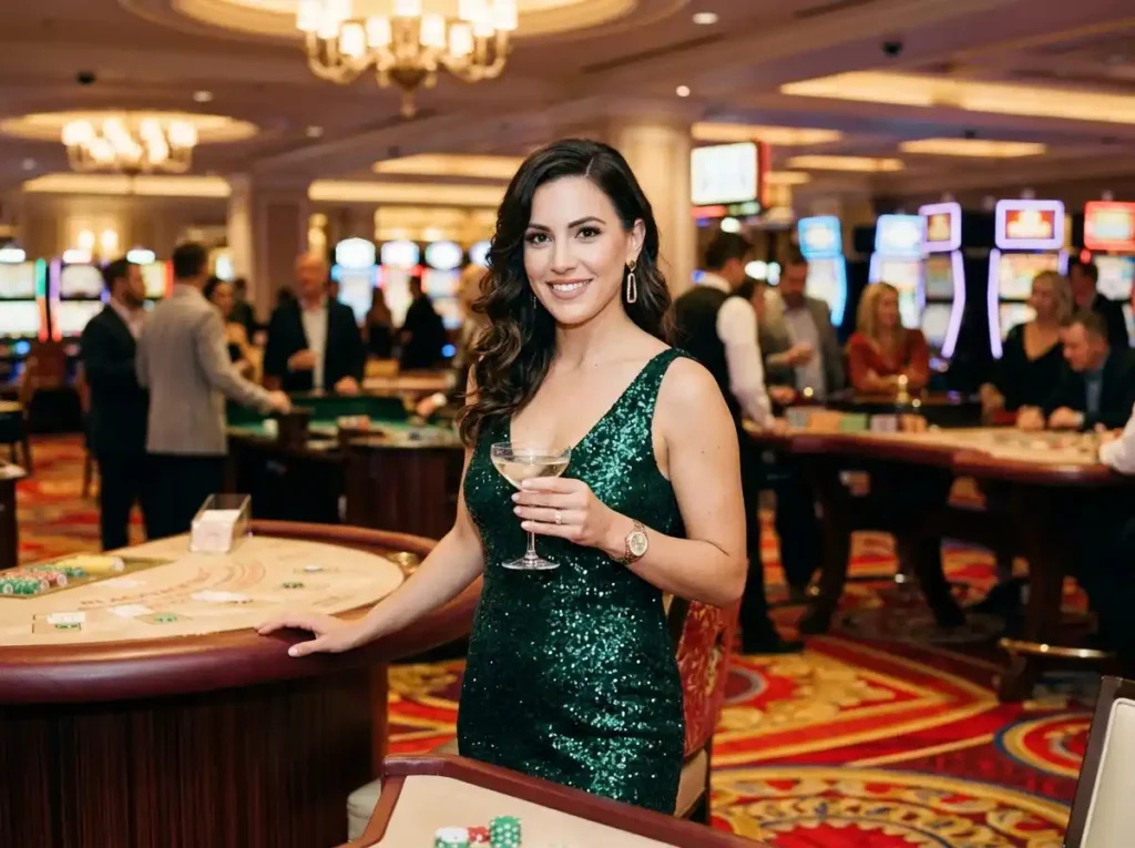 Glamorous woman facing the camera while playing slot machines inside a real casino, representing the Jollyph Casino online casino experience.