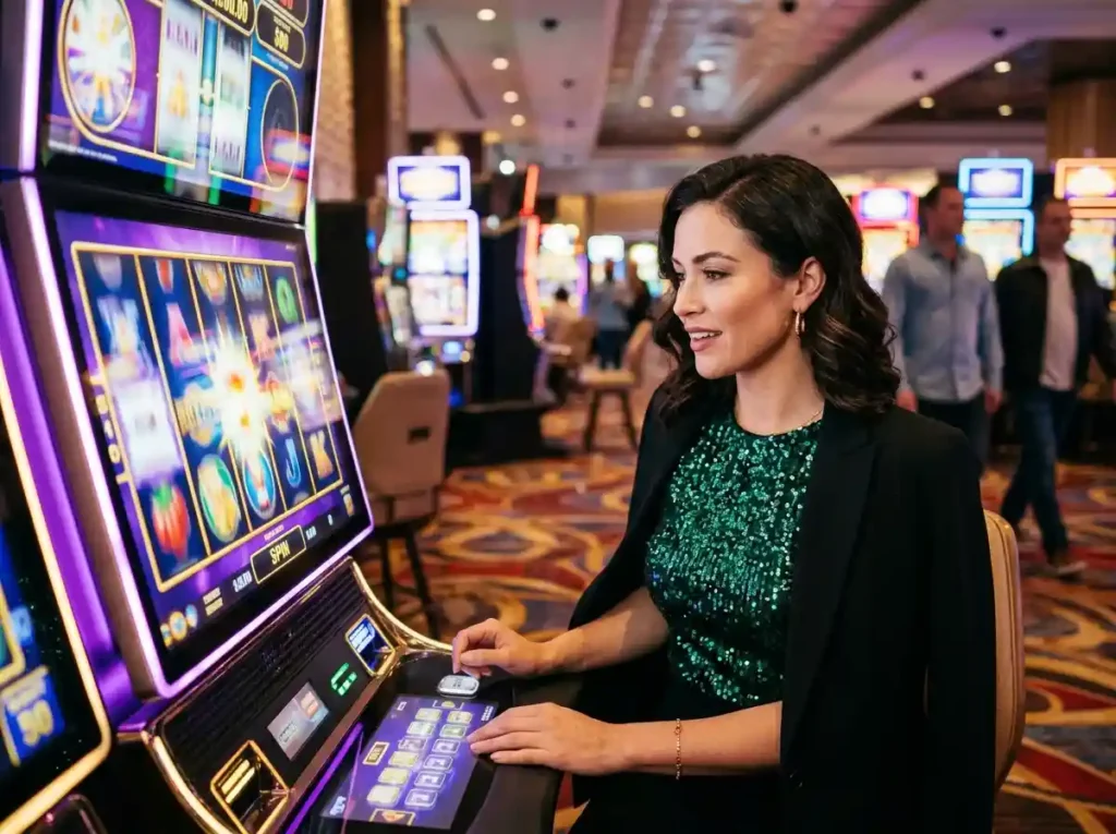 Glamorous female player enjoying Lucky 7 Slots at spinning slot reels inside a real casino, experiencing an online casino-style game.
