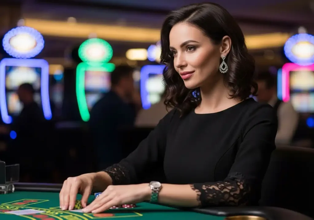 lucky 7 slots player enjoying a stylish front view inside a real casino, surrounded by slot machines, capturing online casino excitement