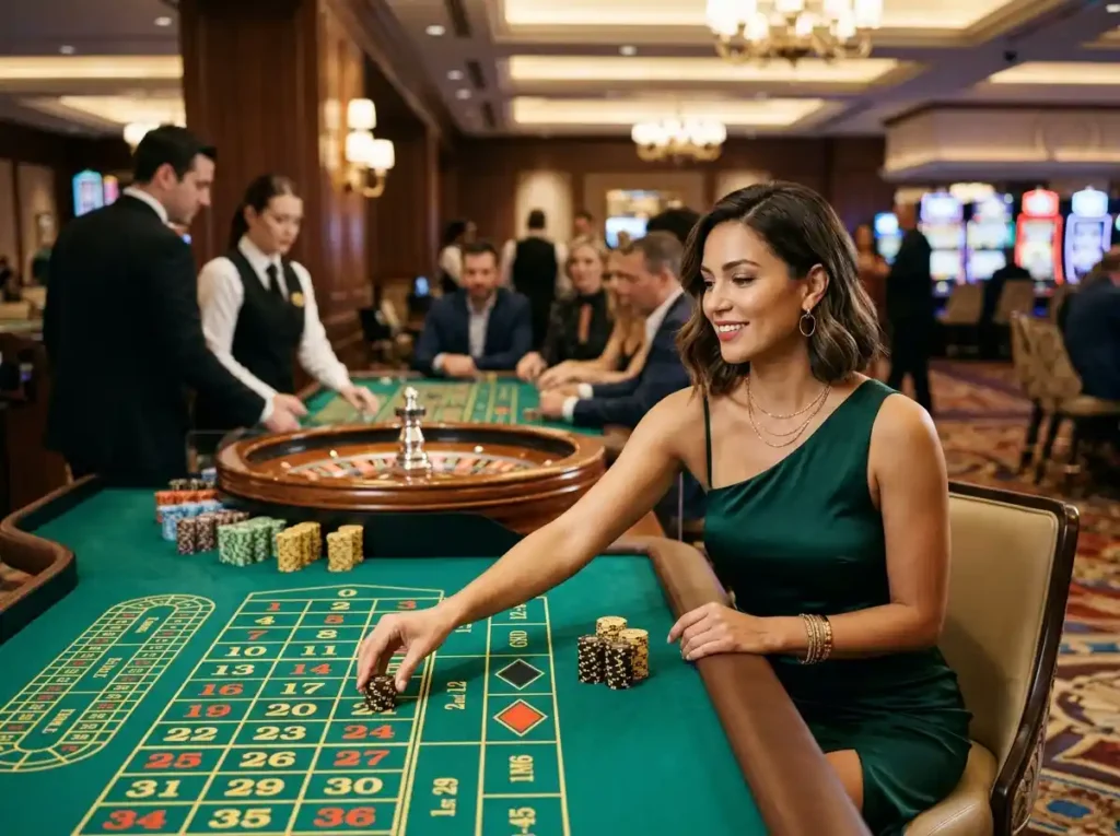 Stylish female player at a roulette table inside a real casino, enjoying the atmosphere while exploring lucky 7 slots online casino games in a vibrant gaming environment.
