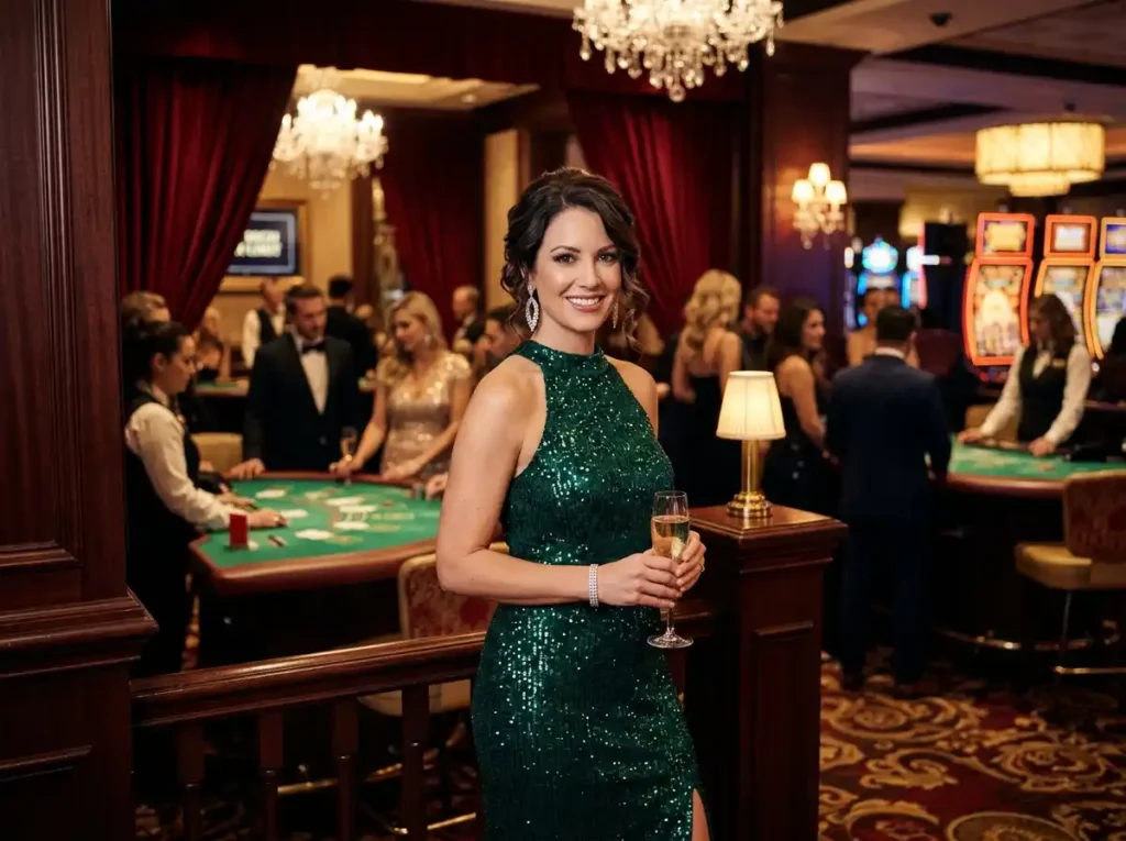 Woman casino guest facing the camera inside a real casino, seated at a slot machine, experiencing lucky 7 slots in an online casino gaming setting.