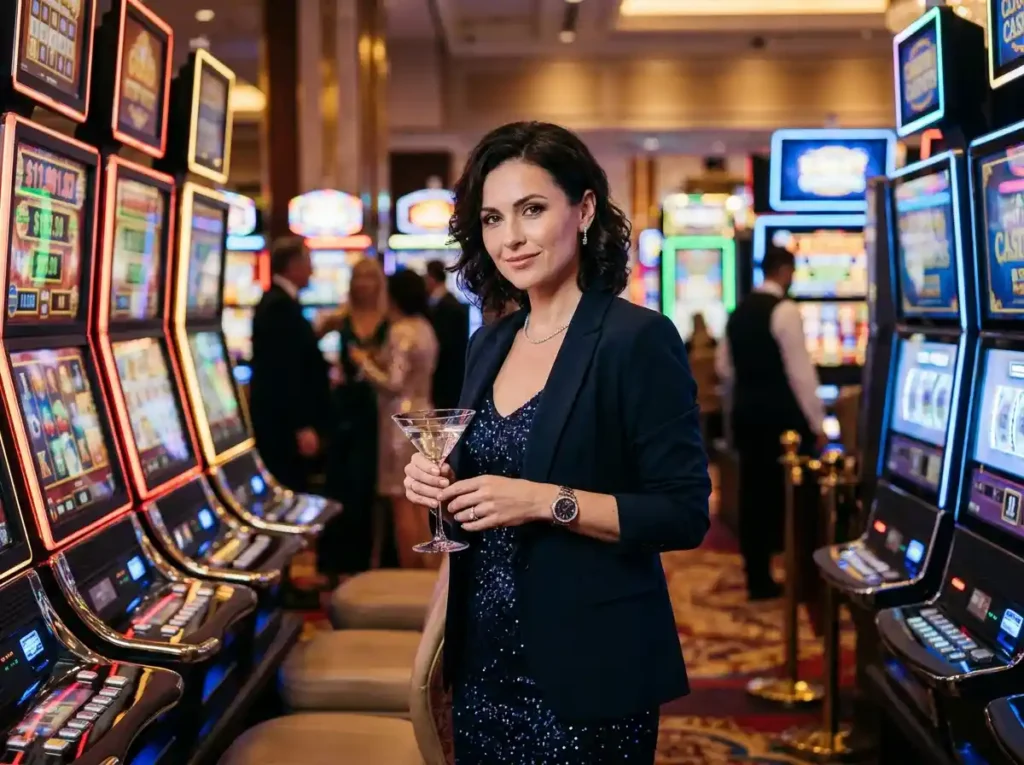 Elegant portrait of a stylish woman in a real casino setting with glowing slot machines in the background, capturing the excitement of a lucky jackpot in online casino-themed gaming atmosphere.