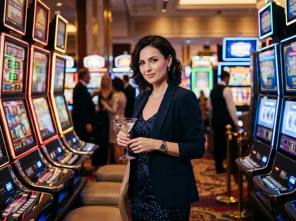 Elegant portrait of a stylish woman in a real casino setting with glowing slot machines in the background, capturing the excitement of a lucky jackpot in online casino-themed gaming atmosphere.