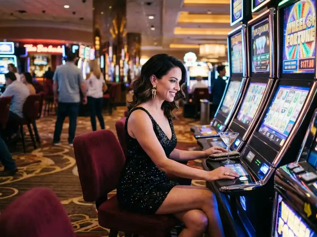 Glamorous woman standing in front of glowing slot machines inside a real casino, capturing the excitement of a lucky jackpot in online casino style gaming atmosphere.