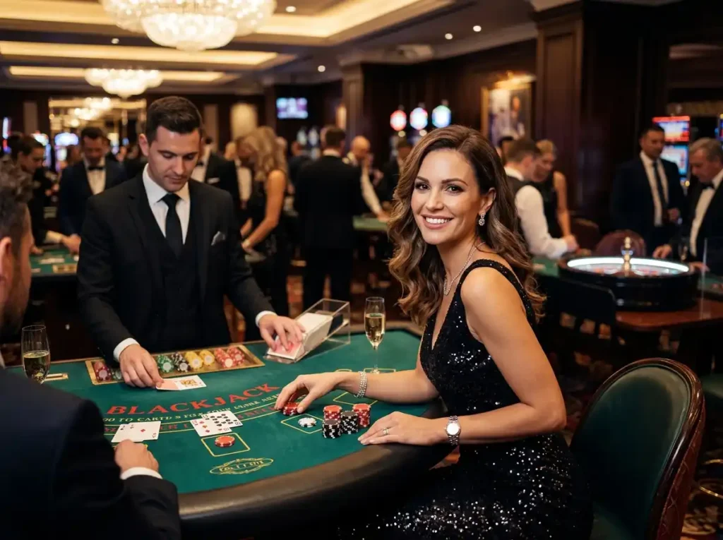 Glamorous woman seated at a blackjack table in a real casino, enjoying the excitement of a lucky jackpot in online casino-inspired gaming atmosphere under warm casino lights.