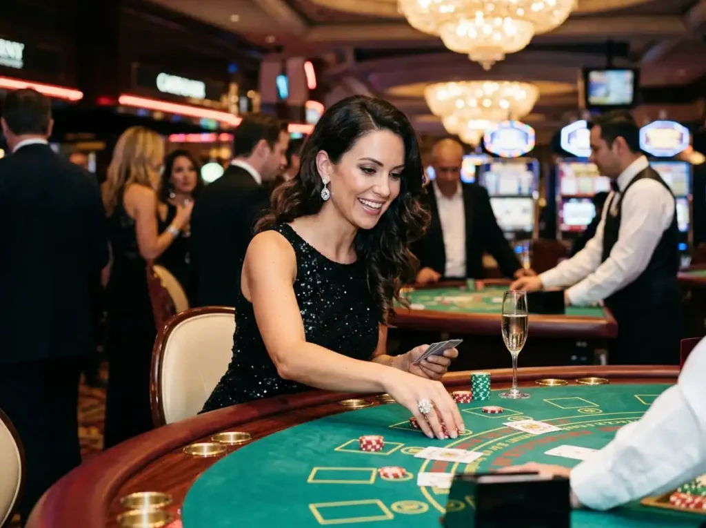 Woman playing slot machine inside a real casino, capturing the lucky jackpot in online casino experience