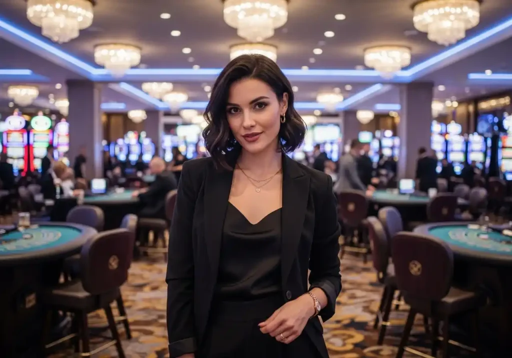 Player in a real modern casino facing forward, enjoying a lucky slot machine within an online casino-style gaming experience.