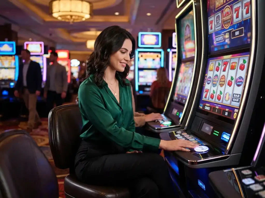 Elegant woman playing slot machine inside a real casino, capturing the excitement and thrill of lucky slot machine gameplay often associated with an online casino experience.