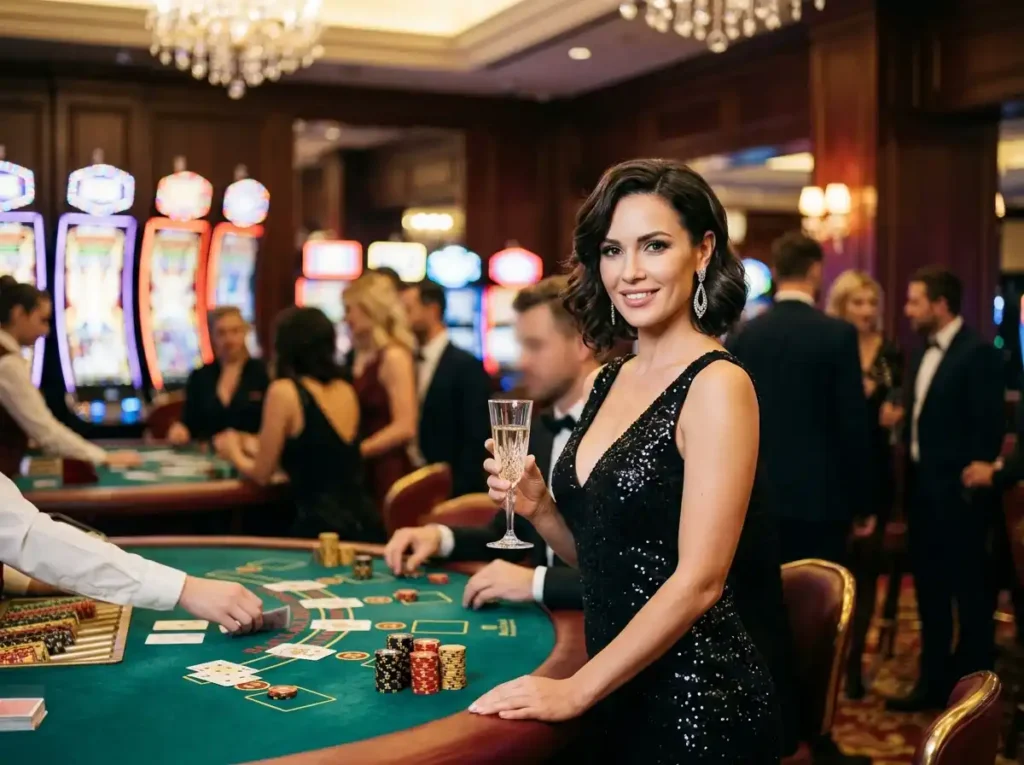 Woman playing a lucky slot machine inside a real casino, facing the camera while enjoying the gaming experience with a stylish and confident expression, highlighting the excitement of casino entertainment and online casino-style gameplay.