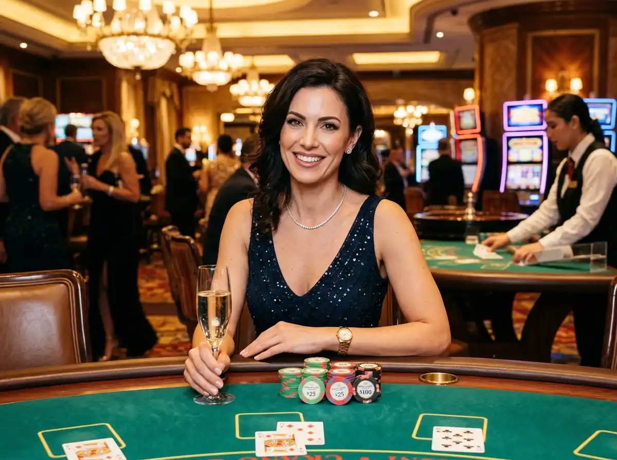 Elegant female player inside a real casino, smiling confidently while enjoying games, reflecting the style and strategy behind the maxwin casino guide approach to online casino play.