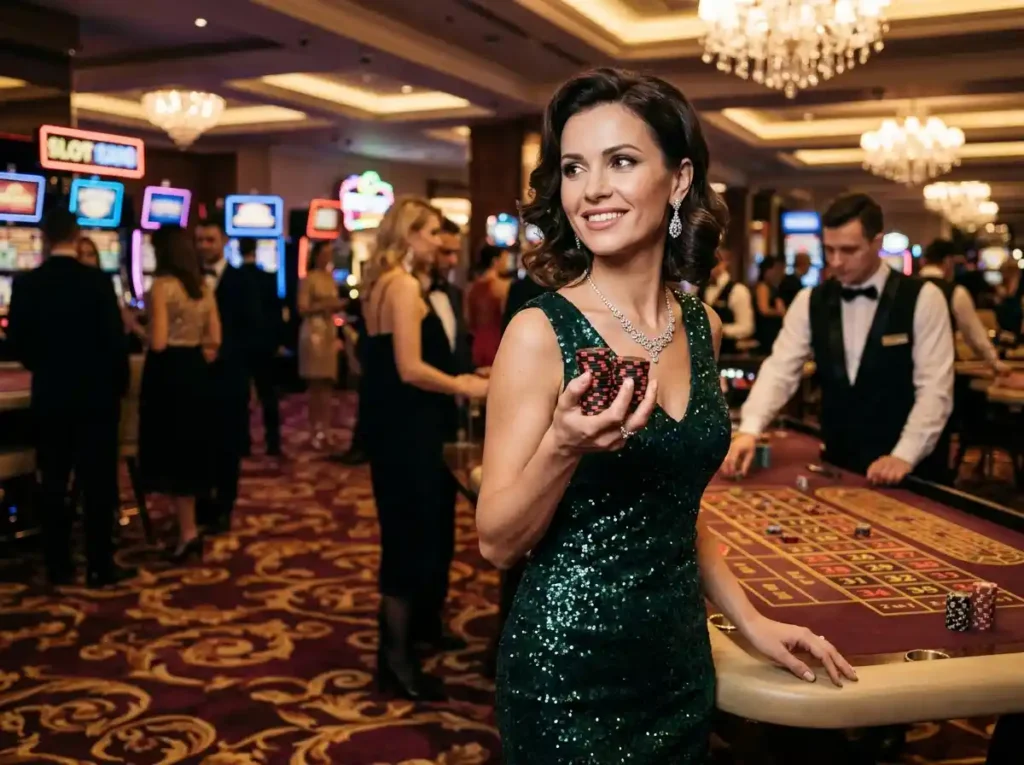 Glamorous female player holding chips at a real casino table, showcasing the maxwin casino guide experience and gameplay atmosphere.